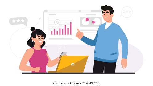 A pair of men and women are analyzing cryptocurrencies to make investments. Data science concept. Business charts and diagrams. Modern vector illustration.