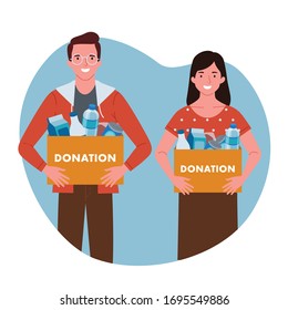 a pair of men and women holding boxes containing donated items and smiling