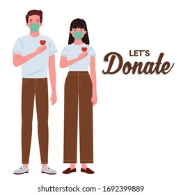 A pair of men and women wearing masks put their hands on their chests and invite us to donate