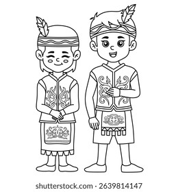 a pair of men and women wearing traditional clothes of Kalimantan Indonesia. Illustration for children's coloring book. To learn Indonesian culture