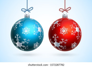 A pair of metallic baubles in blue and red color with silver snowflakes ornament. Isolated vector objects for various decoration purposes.