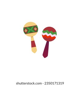 Pair of Mexican maracas. Musical instrument, two musical rattles. Brazilian percussion instrument. Colorfull flat vector illustration. Hispanic rumba shakers isolated on white background