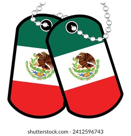 A pair of Mexico military dog tags with chain over a white background showing the Mexican national flag