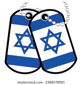 A pair of military dog tags with chain over a white background showing the israeli national flag