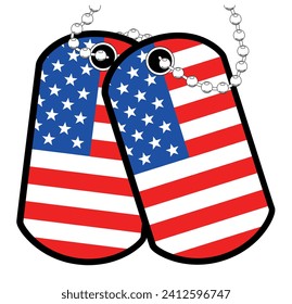 A pair of military dog tags with chain over a white background showing the USA Stars and Stripes national flag