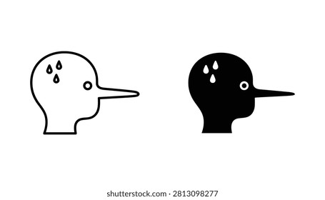 A pair of minimalist flat vector icons representing a lying character with a long nose, isolated on a white background, symbolizing dishonesty and deceit.