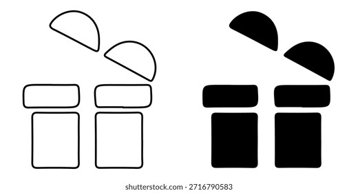 Um par de ícones minimalistas representando uma caixa de presente aberta. Um ícone é um contorno, o outro é preto sólido.