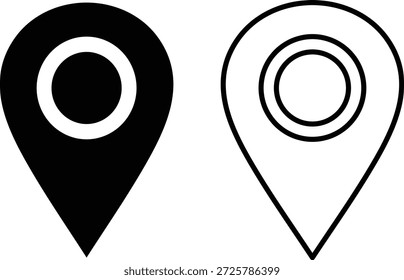 Un par de pines minimalistas del mapa de ubicación, uno relleno y otro delineado, adecuado para Diseño web e infografías.