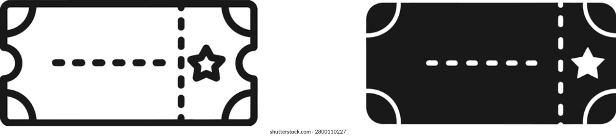 A pair of minimalist ticket icons one outlined and one solid black represent entry or event access. Useful for promotions and applications.