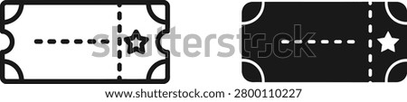 A pair of minimalist ticket icons one outlined and one solid black represent entry or event access. Useful for promotions and applications.