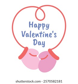 Pair of Mittens with Heart-shaped Rope happy Valentine day. Gloves. Greeting Card with holiday text. Love, winter romance. Clothing elements on elastic bands. Flat style. Color vector illustration