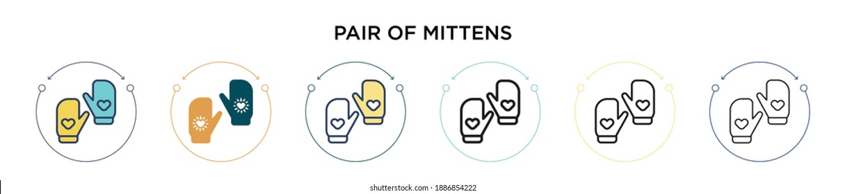 Pair of mittens icon in filled, thin line, outline and stroke style. Vector illustration of two colored and black pair of mittens vector icons designs can be used for mobile, ui, web