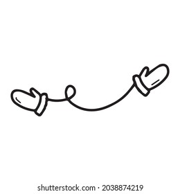 A pair of mittens on a string. Children's Knitted Winter Gloves Vector Illustration Design element of winter clothing in the style of Doodle.