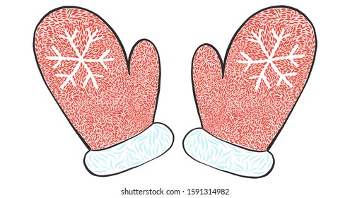 A pair of mittens with a red intricate pattern and a white snowflake isolated on a white background. Vector illustration in a cartoon style.