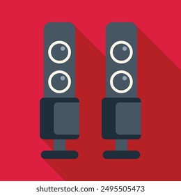 Pair of modern audio speakers standing on red background, music and sound concept