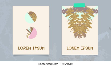 Pair of modern hand drawn backgrounds with golden elements. For card, brochure, layout, invitation.