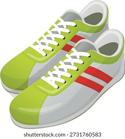 Paar moderne lime grün und grau Sport Turnschuhe mit roten Seitenstreifen und weißen Schnürsenkeln geeignet für Fitness und Freizeitkleidung