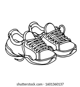 a pair of modern sneakers with laces, vector illustration with black contour lines isolated on a white background in Doodle and hand drawn style