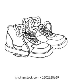 a pair of modern sneakers with laces, vector illustration with black contour lines isolated on a white background in Doodle and hand drawn style