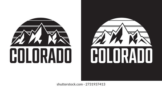 A pair of monochromatic Colorado mountain logos, showcasing black and white designs with distinctive striped sunset backgrounds, flat vector illustration isolated on a white background