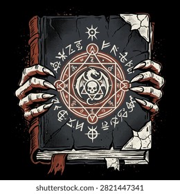 A pair of monstrous claws holding an ancient dark magic book