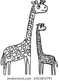 
A pair of mother and calf giraffes, looking into the distance. Watch the surroundings for threat of danger. Vector illustration of wild animals that can be used for children's coloring pages.