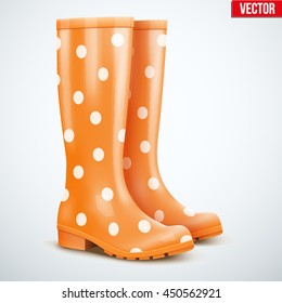 Pair of mottled speckled orange rubber rain boots. Symbol of garden wok or autumn and weather. Vector illustration Isolated on white background.