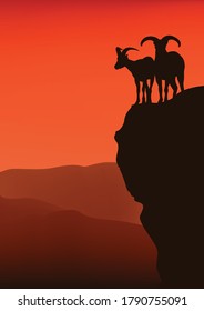 pair of mountaing goats standing on high cliff at sunset - vector silhouette view of dramatic wilderness scene with dagestan turs