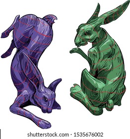 a pair of multi-colored zombie rabbits