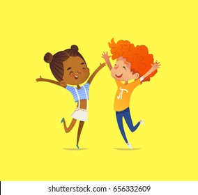 Pair of multiracial kids, boy and girl, happily dance with their hands up, smile and rejoice. Concept of delight, joy and cheerfulness. Vector illustration for banner, poster, website, advertisement.