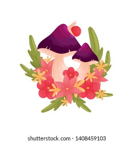 Pair of mushrooms among the flowers and grass. Vector illustration on white background.