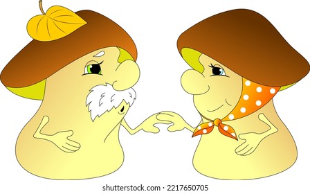 A pair of mushrooms, an old man and an old woman. Characters.