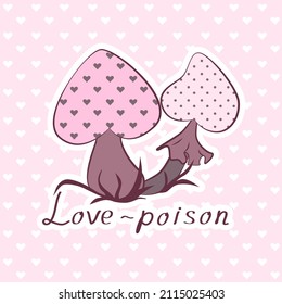 a pair of mushrooms on a pink background. greeting card. vector