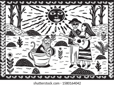 a pair of musicians and a monkey. illustration of cordel style