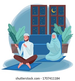 A pair of Muslim women and men are doing their Nightly prayer or Tarawih at night inside their homes. Laylat al-Qadr. Night of Decree. Night of Power.