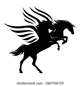 pair of mythical pegasus horses - winged stallions rushing forward black and white vector design