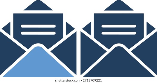 Um par de ícones de envelope azul-marinho com contornos brancos e linhas horizontais representando o texto definido contra um fundo branco puro em um estilo de design simples e minimalista