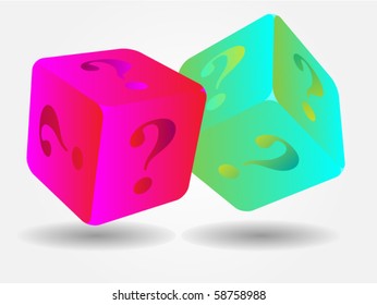 Pair of neon-color dices with question marks