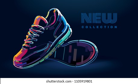 Pair of new sport running shoes. Banner in a digital painting