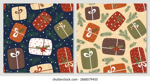 A pair of New Year's patterns with gifts, fir branches, snow. Cute illustrations for fabric, wrapping paper, card design.