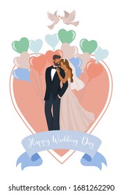 A pair of newlyweds, balloons, heart and pigeons isolated on a white background. Cute vector wedding illustration in flat style.