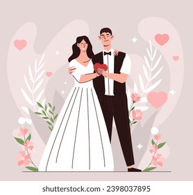 Pair of newlyweds concept. Bride and groom hug each other. Love, care and romance. Happy couple. Wife in white dress and husband in black suit. Cartoon flat vector illustration