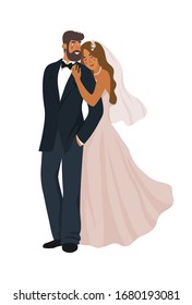 A pair of newlyweds isolated on a white background. Cute vector cartoon illustration in flat style.
