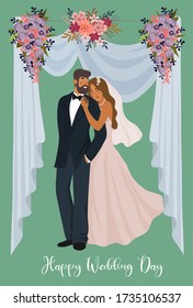 A pair of newlyweds on the background of a wedding tent and flowers. Cute vector cartoon illustration in flat style.