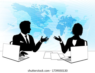 A pair of news anchor tv reporters or presenters in silhouette in studio behind a desk