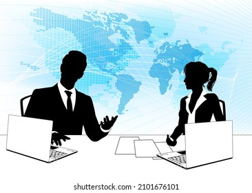 A pair of news anchor tv reporters or presenters in silhouette in studio behind a desk