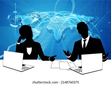 A pair of news anchor tv reporters or presenters in silhouette in studio behind a desk