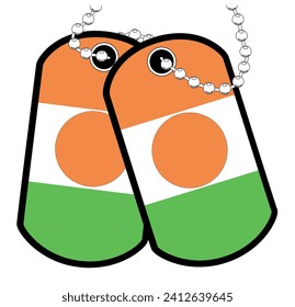 A pair of Niger military dog tags with chain over a white background showing the Niger national flag