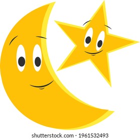 A pair of night sky object cartoon character. Smiling crescent moon and a little star in orange and yellow colour. Cartoon vector illustration. 