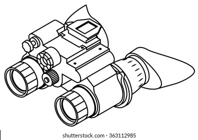 A pair of night vision binoculars with eye hoods/cups.